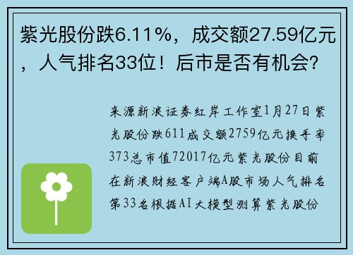 紫光股份跌6.11%，成交额27.59亿元，人气排名33位！后市是否有机会？附走势预测