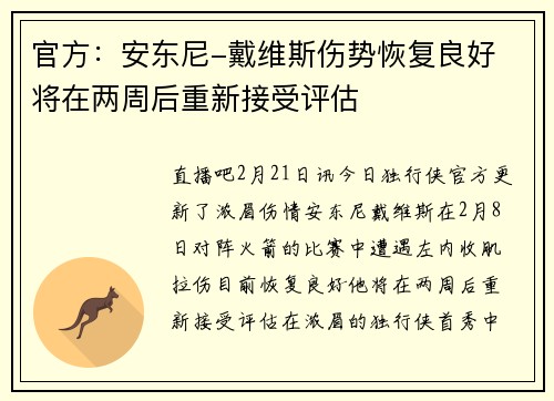 官方：安东尼-戴维斯伤势恢复良好 将在两周后重新接受评估